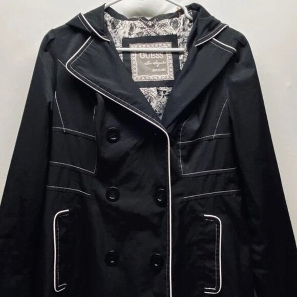 Guess Hooded Peacoat Women's Large Black White Trim Fully Lined Soft Shell GUC - Picture 2 of 10